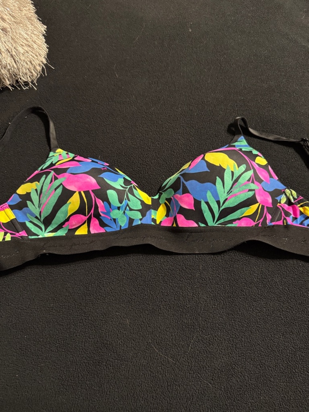 PINK Victoria's Secret Black Tropical Leaf Bikini Top with Pink, Yellow & Green